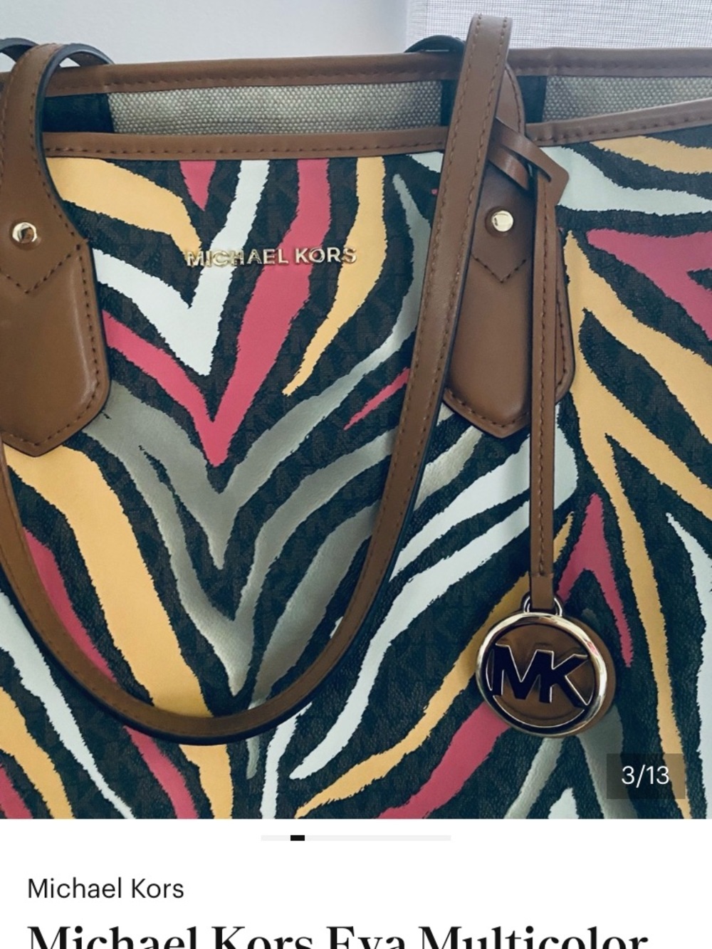 Michael Kors Multicolor Zebra-Print Tote with Brown Trim - Picture 3 of 6
